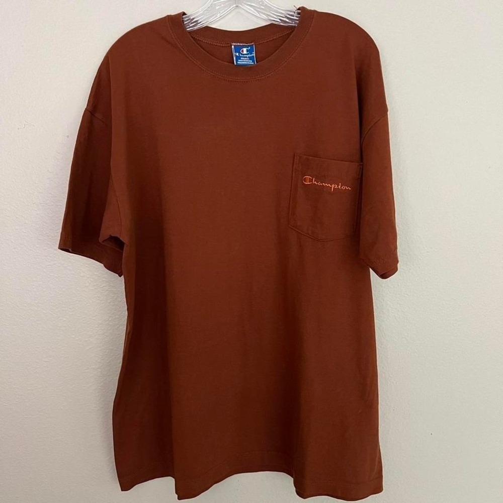 Vintage 90s Champion brown tshirt with orange logo on pocket mens large EUC